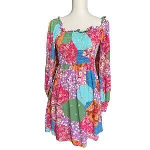 Pink Ripple Patchwork Floral Smocked Mini Dress Size Medium Boho Cottagecore